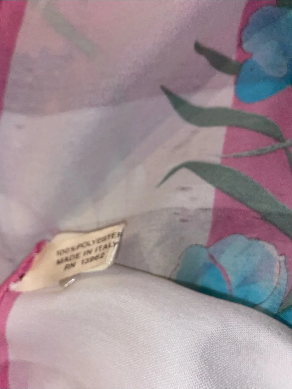 Floral Pink Silk-Feel Scarf with Blue Accents